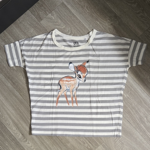 Uniqlo Women's Gray and White Striped Disney Bambi Tee - Picture 1 of 2